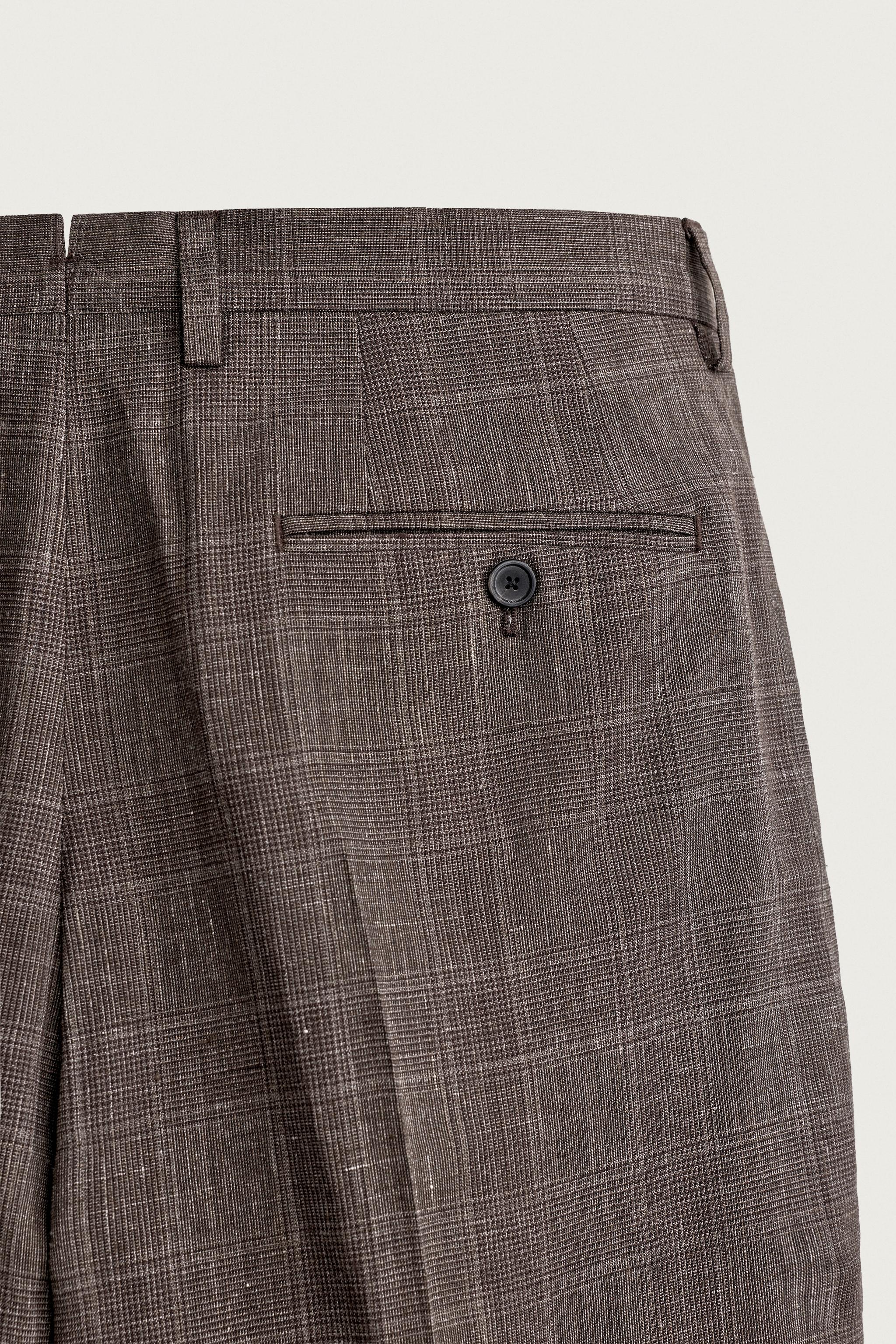 LINEN AND WOOL CHECK SUIT PANTS